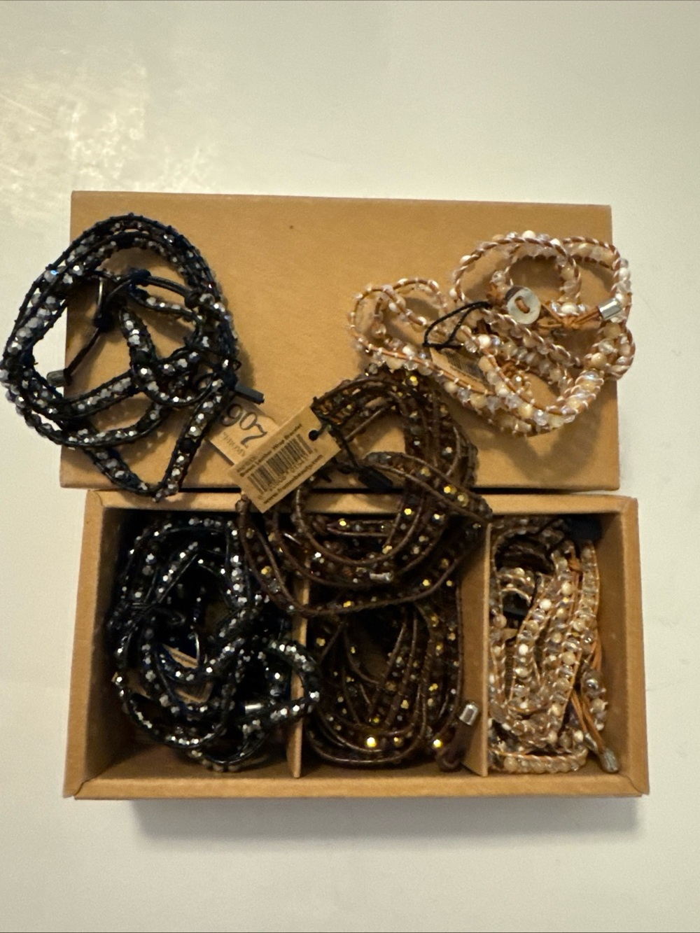 12 Neutral Multi-Strand Beaded Wrap Bracelet Set - Black, Brown, Champagne